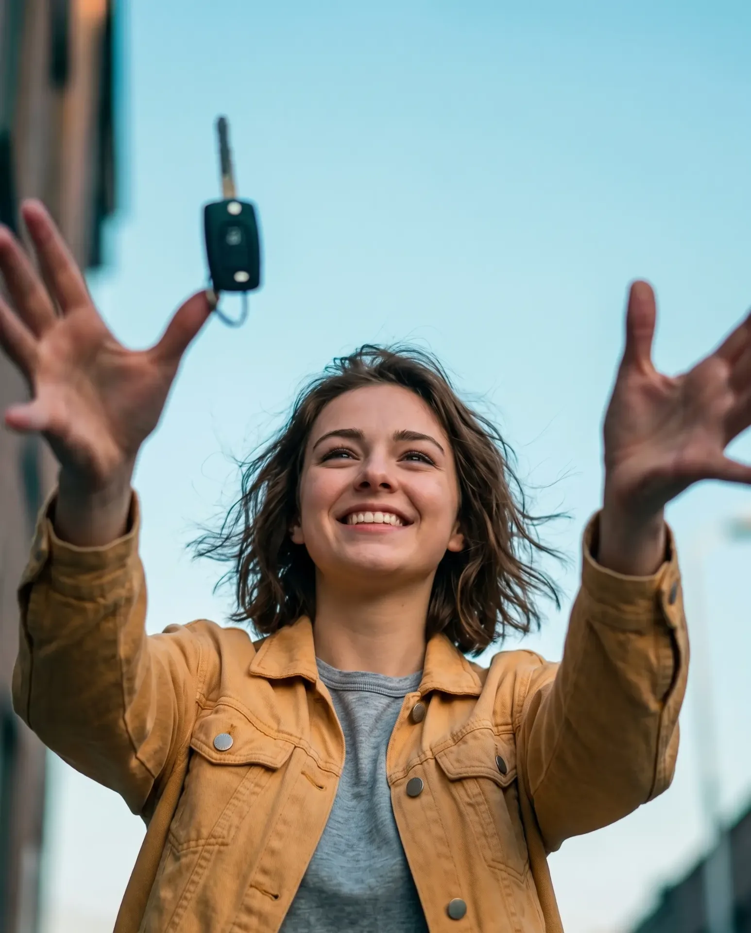 Jonge vrouw gooit autosleutels in de lucht na het halen van haar rijbewijs